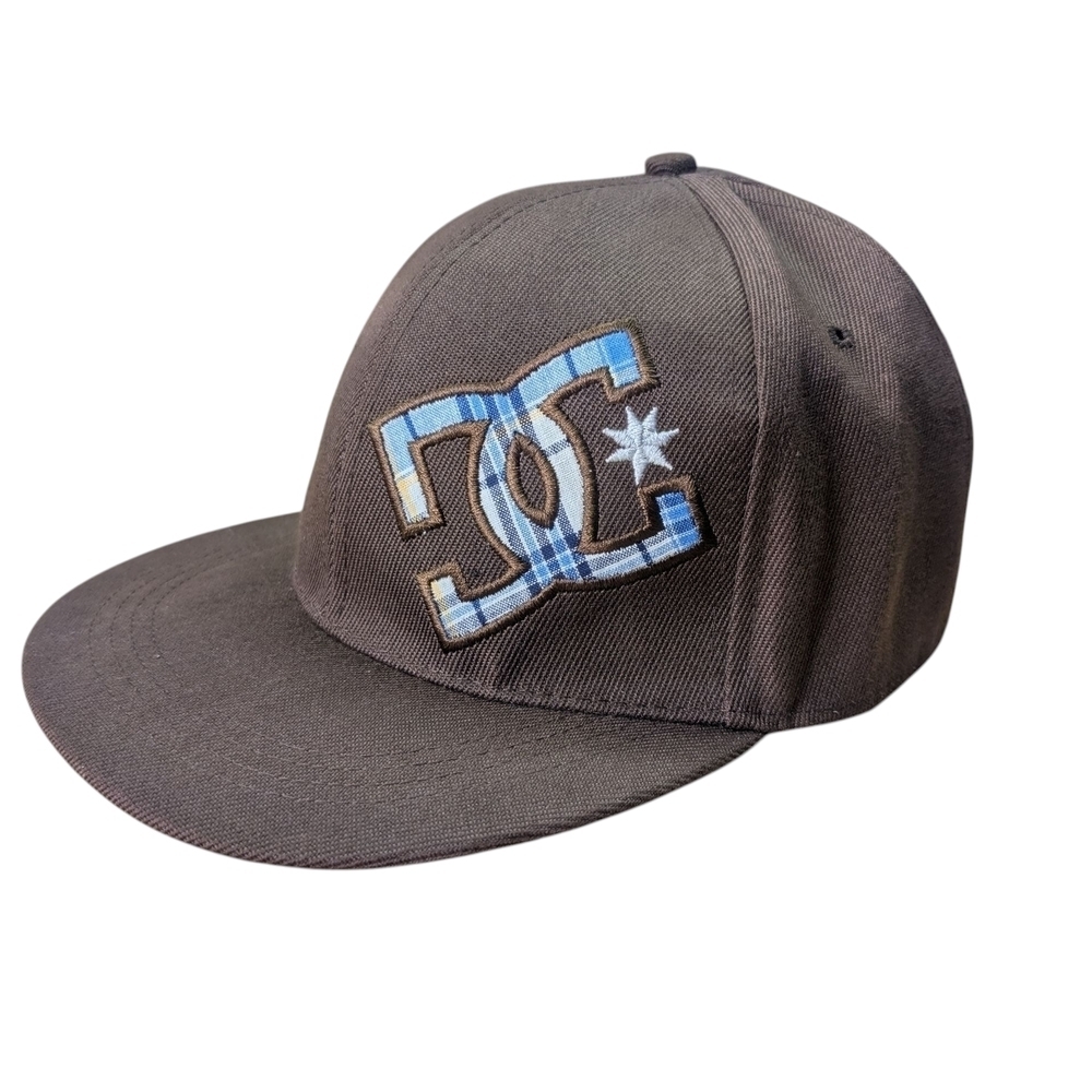 Retro DC Brown Cap Light Baby Blue White Gray Plaid Logo 7 & 1/8 EUC 100% Cotton